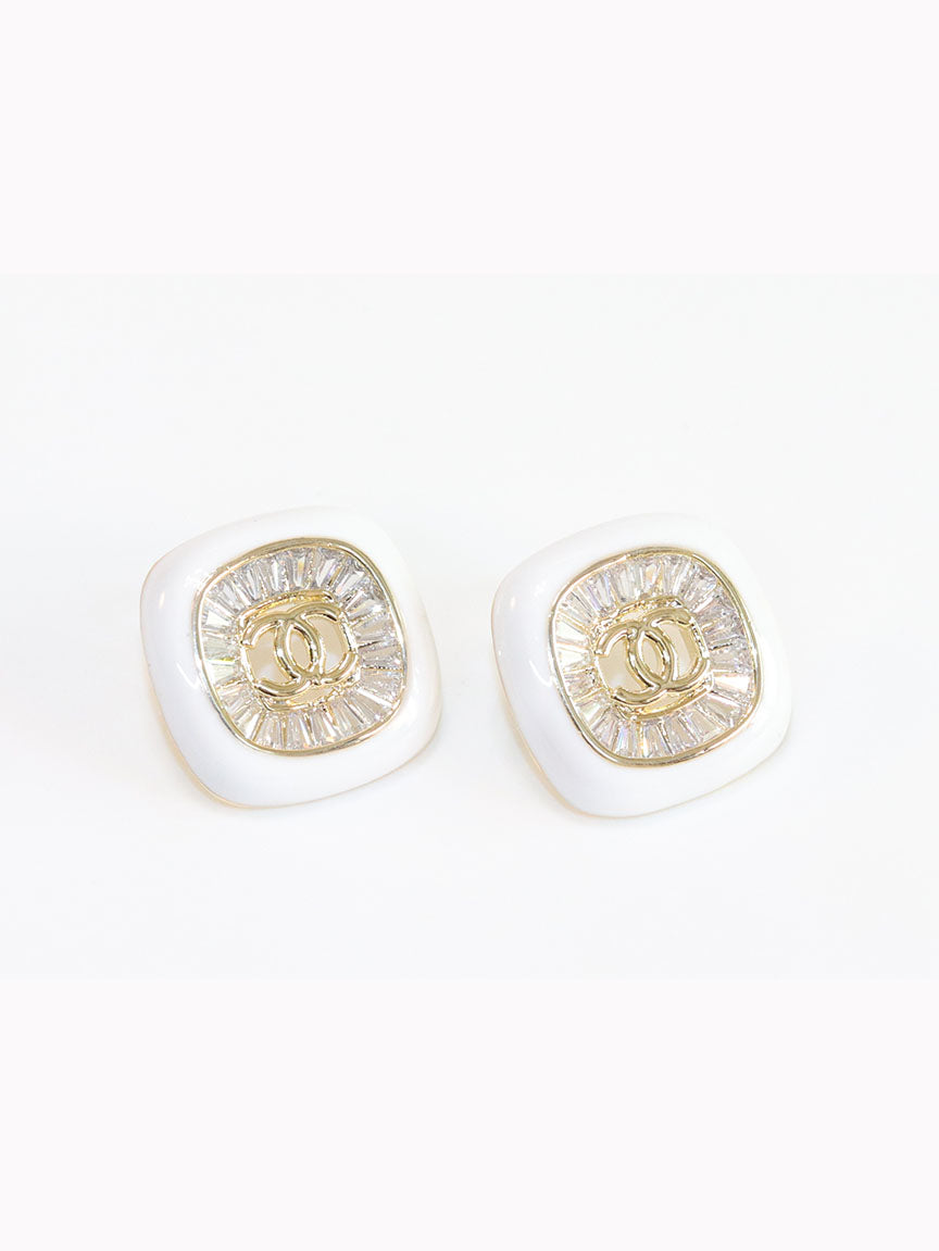 Double C White enamel CZ square studs