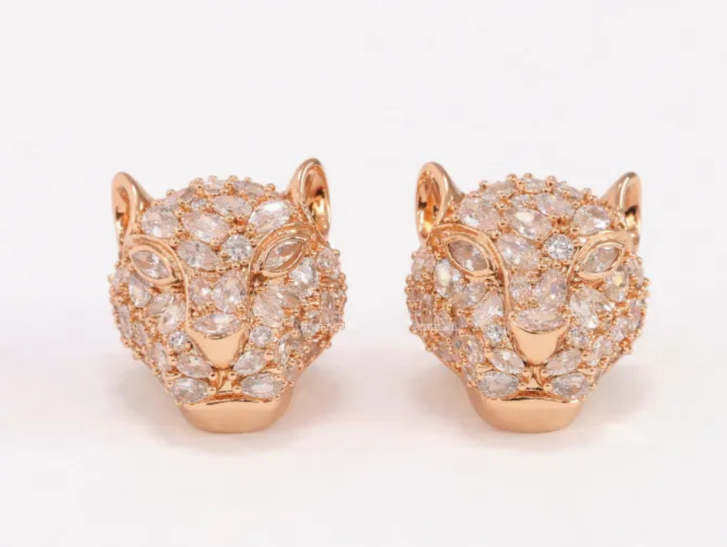 Panther head stud earrings in rose gold plating and cz