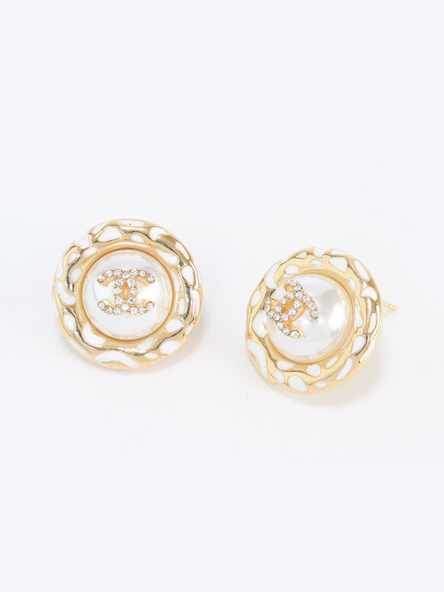 Gold double C CZ round white enamel studs