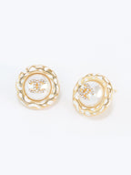 Gold double C CZ round white enamel studs