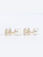 Double C cz baguette and pearl gold earrings