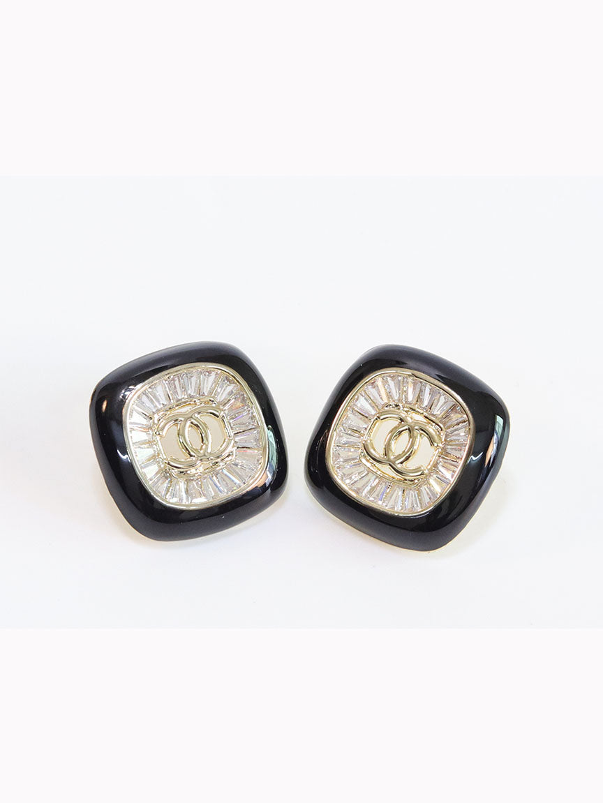 Double C Black enamel CZ square studs