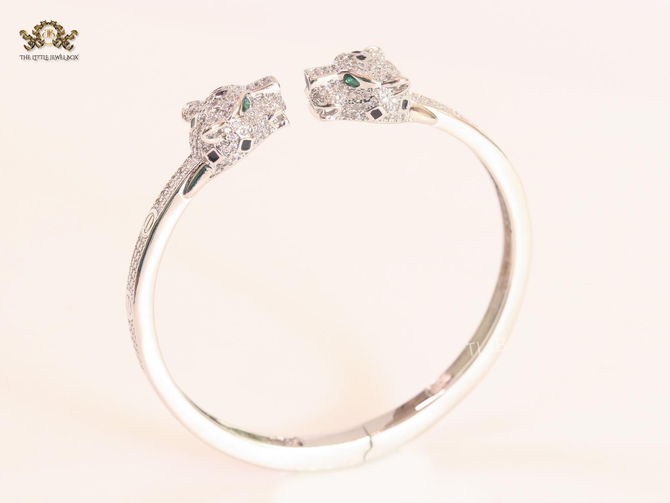 Panther heads platinum plated and emerald bracelet