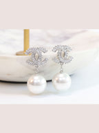 Double C cz baguette and pearl silver earrings