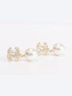 Double C cz baguette and pearl gold earrings