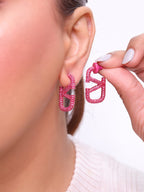 Alphabet V pink cz rectangular hoops 29 mm