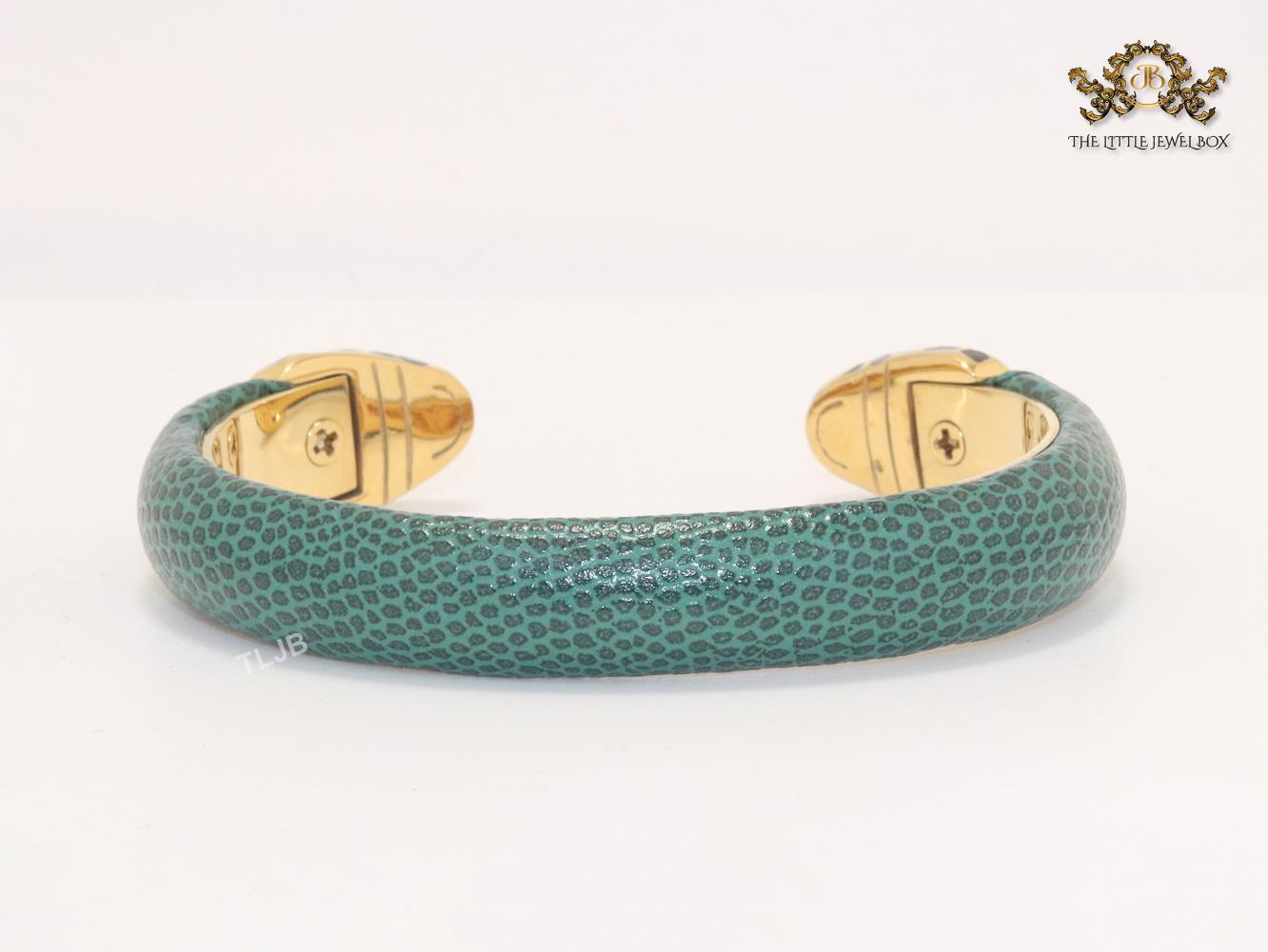 Two snake head green leather bracelet
