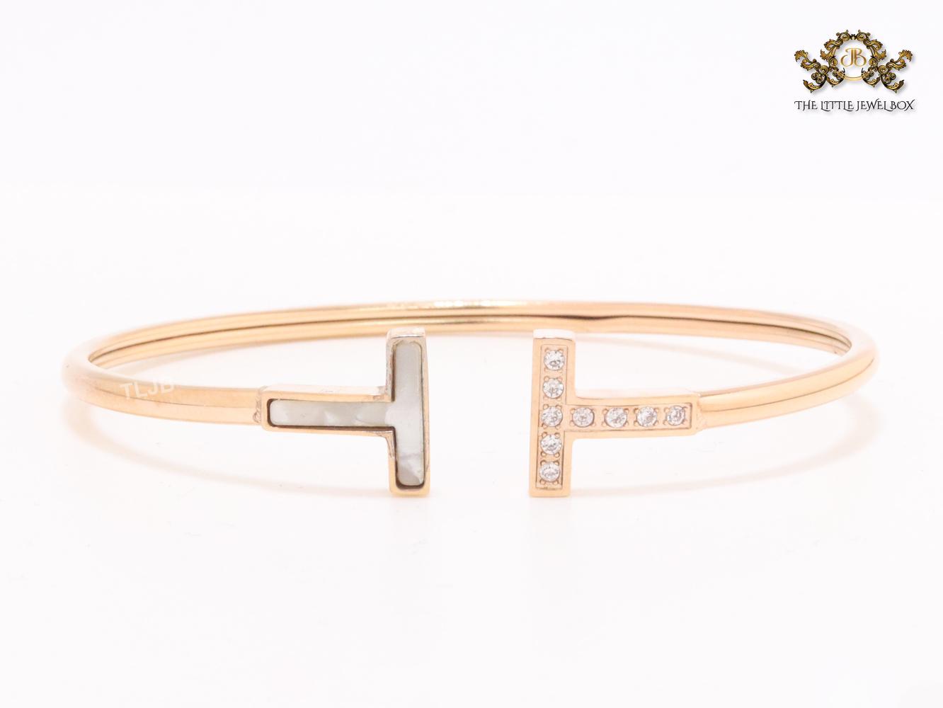 Alphabet T Half MOP and CZ rose gold sleek bracelet