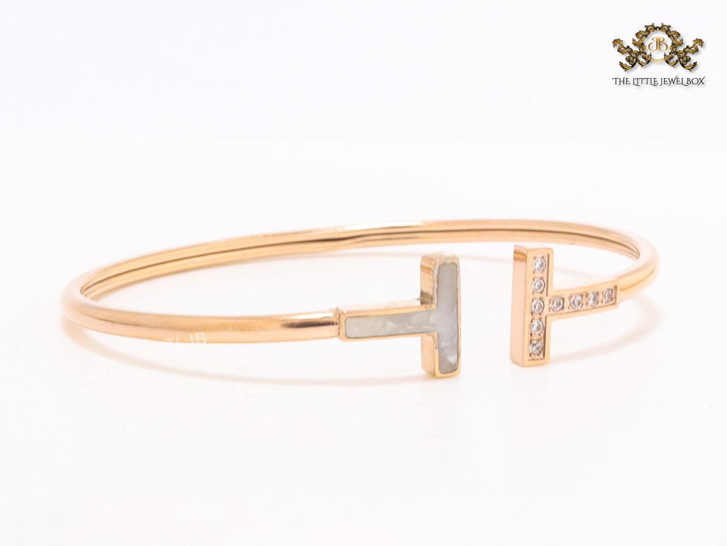 Alphabet T Half MOP and CZ rose gold sleek bracelet