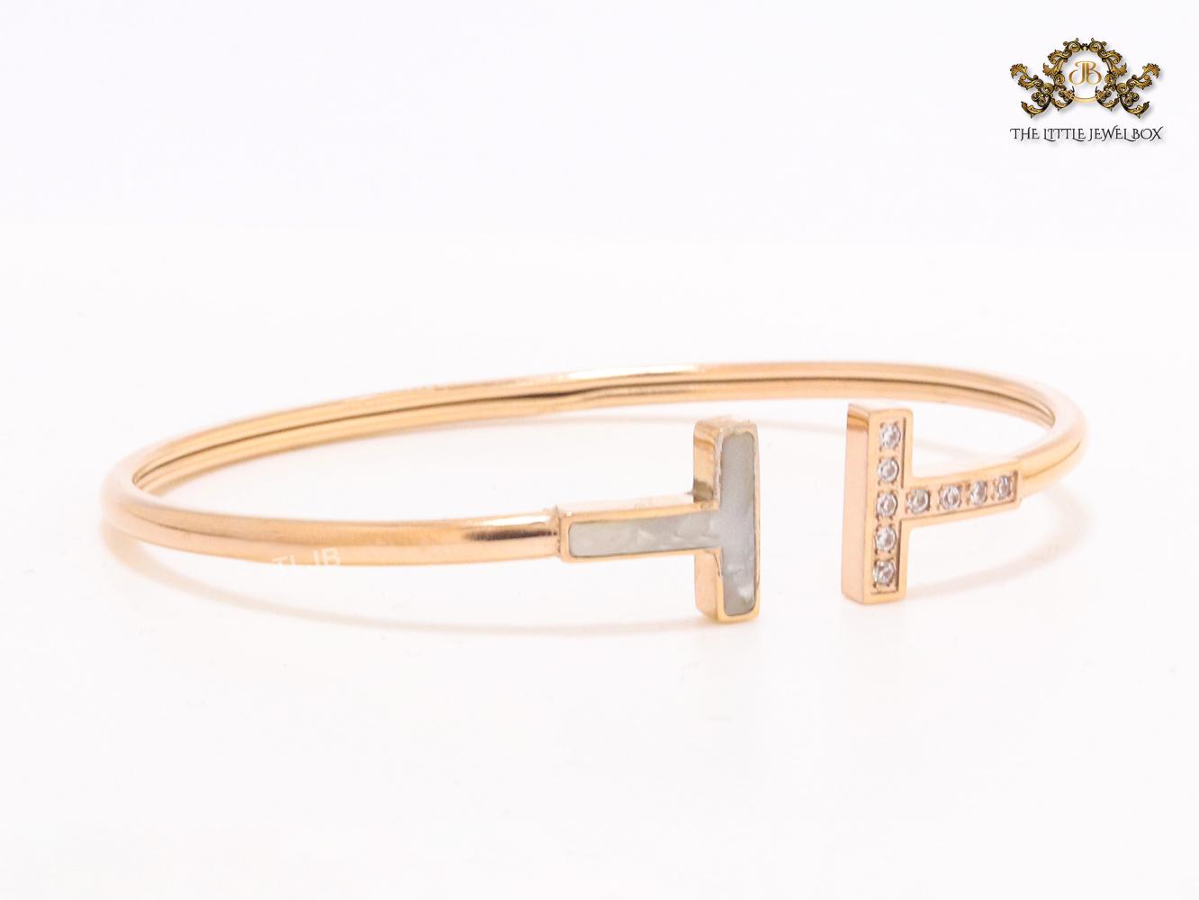 Alphabet T Half MOP and CZ rose gold sleek bracelet