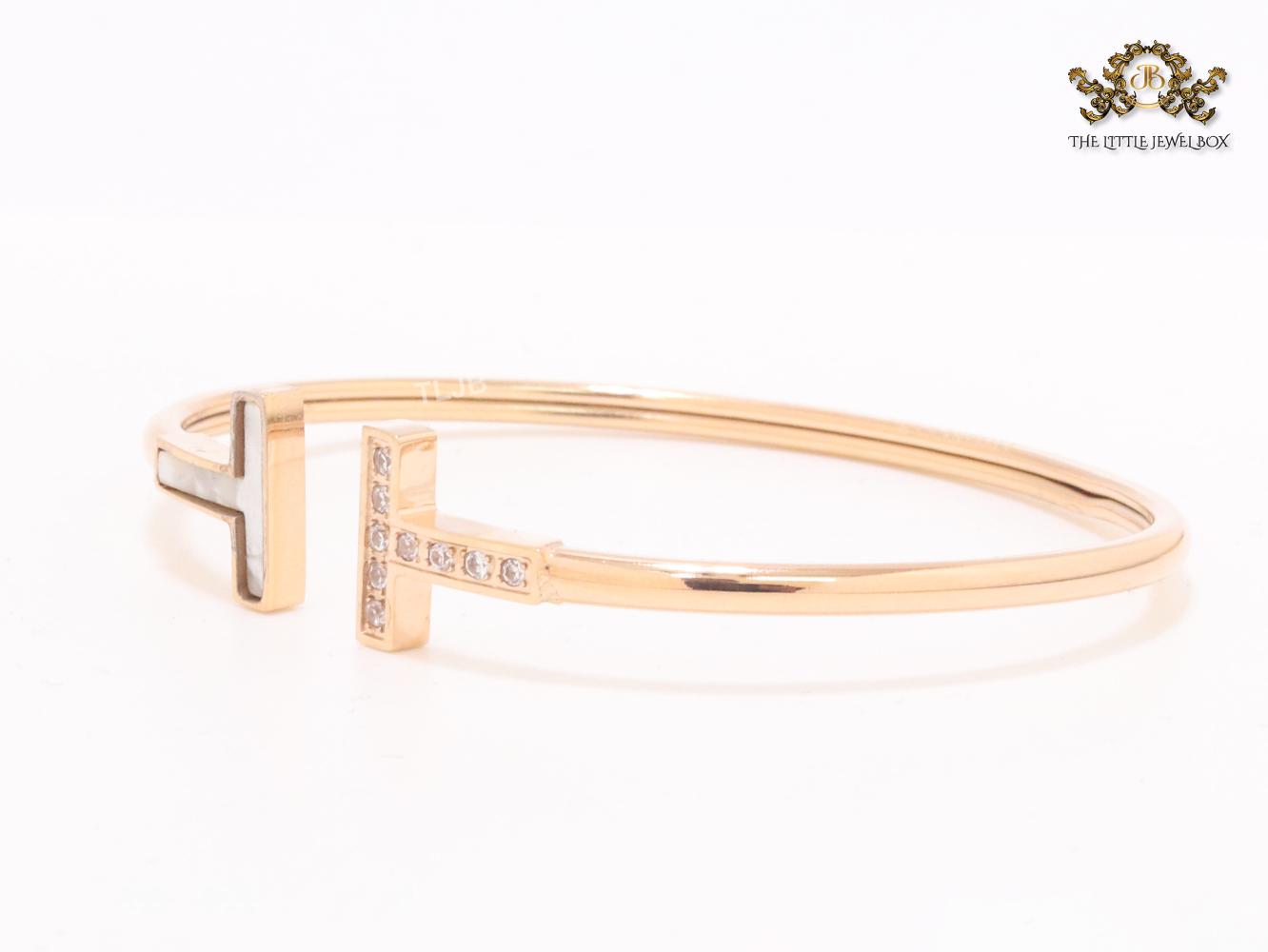 Alphabet T Half MOP and CZ rose gold sleek bracelet