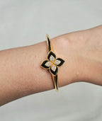 Alphabet RC Black Floral Gold-Tone Bracelet with Sparkling CZ Detailing