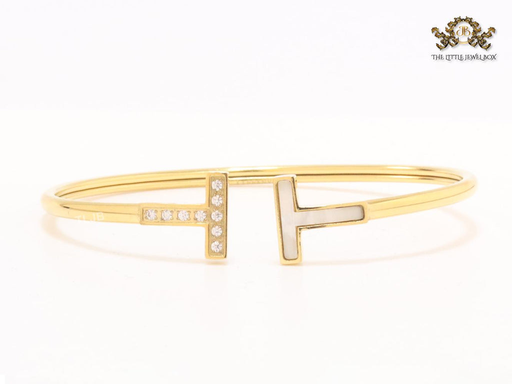 Alphabet T Half MOP and CZ gold sleek bracelet
