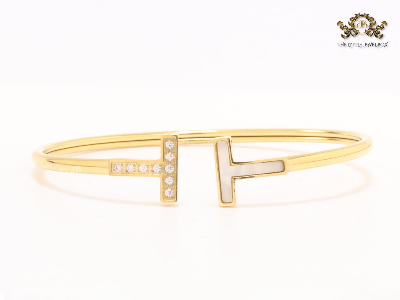 Alphabet T Half MOP and CZ gold sleek bracelet