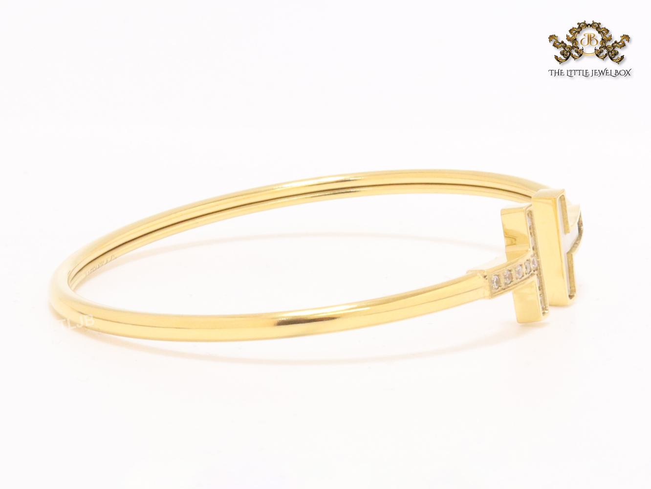 Alphabet T Half MOP and CZ gold sleek bracelet