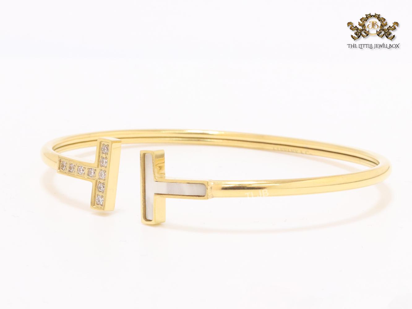 Alphabet T Half MOP and CZ gold sleek bracelet