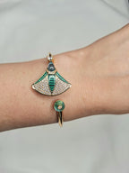 Alphabet BVL Green Fan Motif Gold-Tone Bracelet with Sparkling CZ Accents