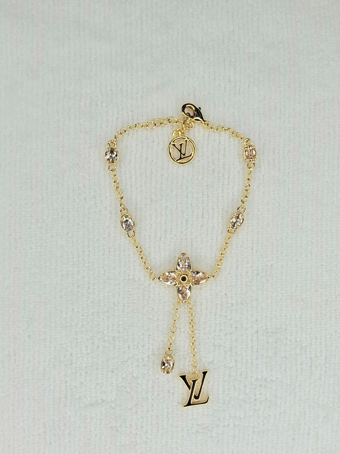 Gold Plated Alphabet LV Charm Bracelet with CZ Accents