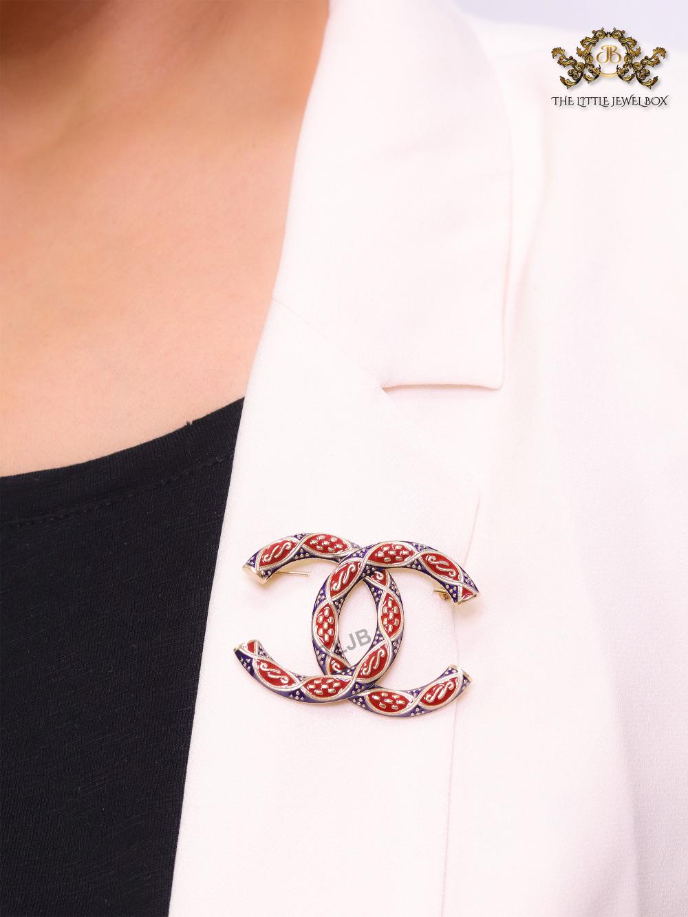 Double C red and blue embossed gold Brooch