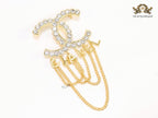 Double C gold and cz brooch with chains