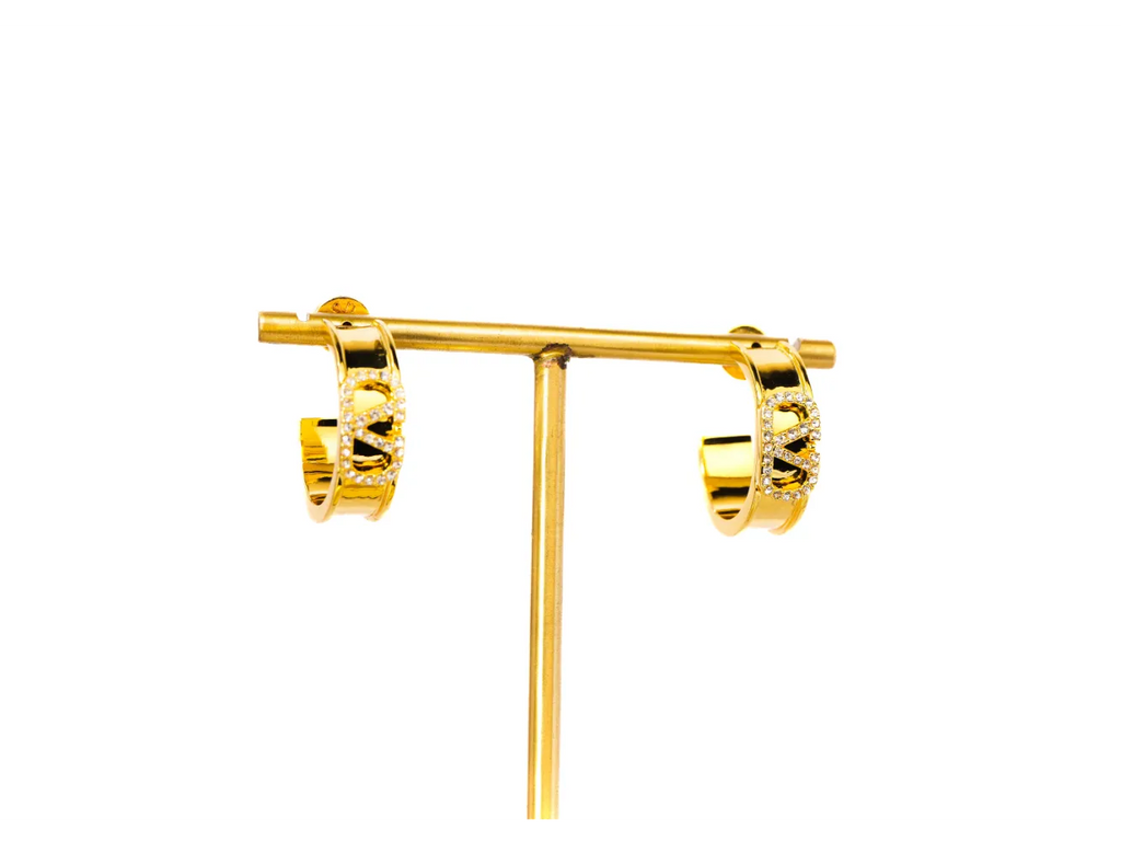 Gold Alphabet V CZ Hoop Earrings