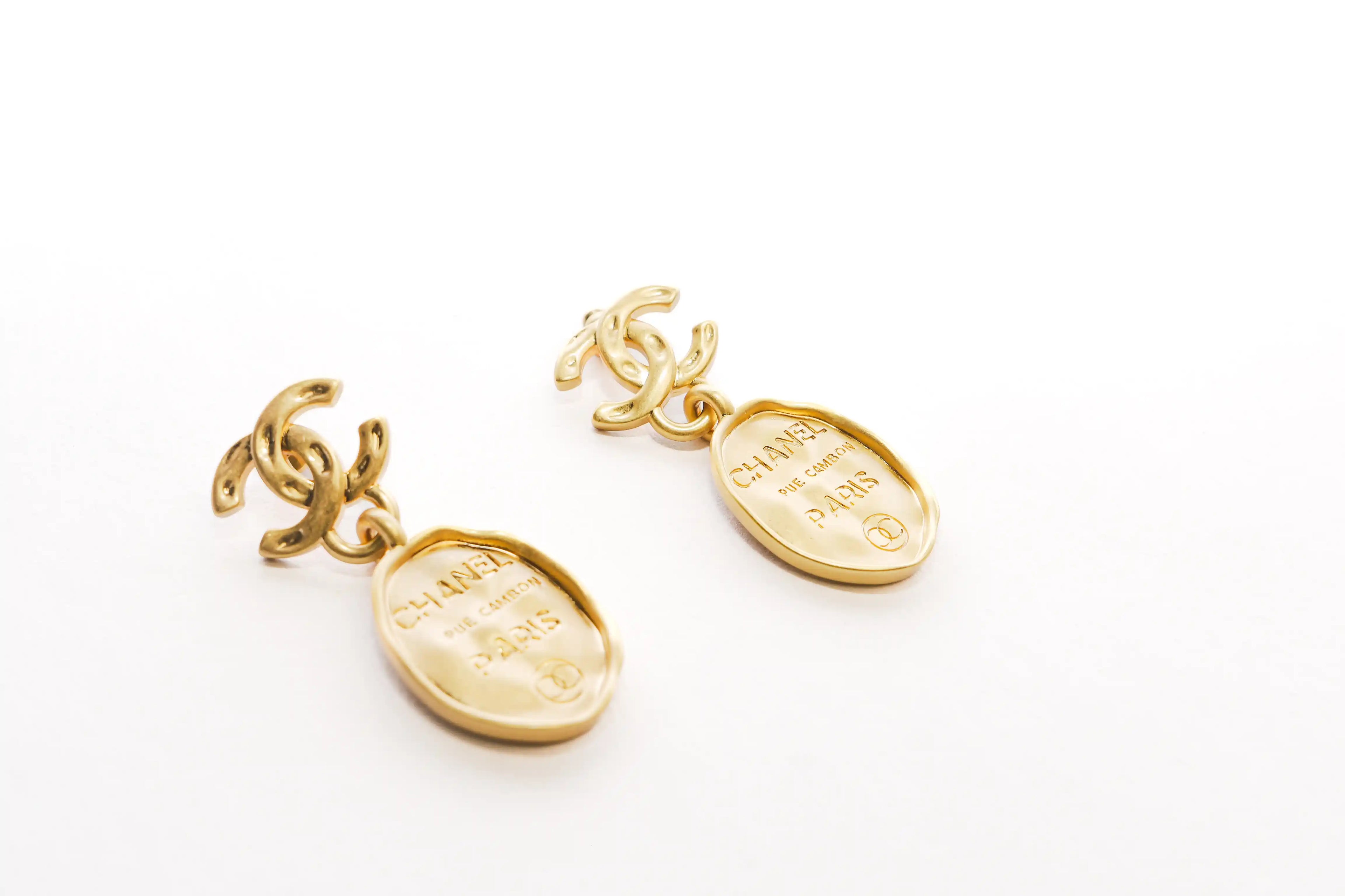 Gold CC Logo Drop Earrings with Paris Charm