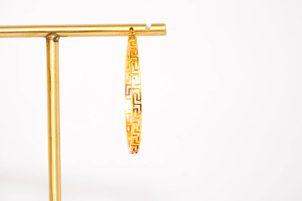 Gold Greek Key Pattern Hoop Earrings