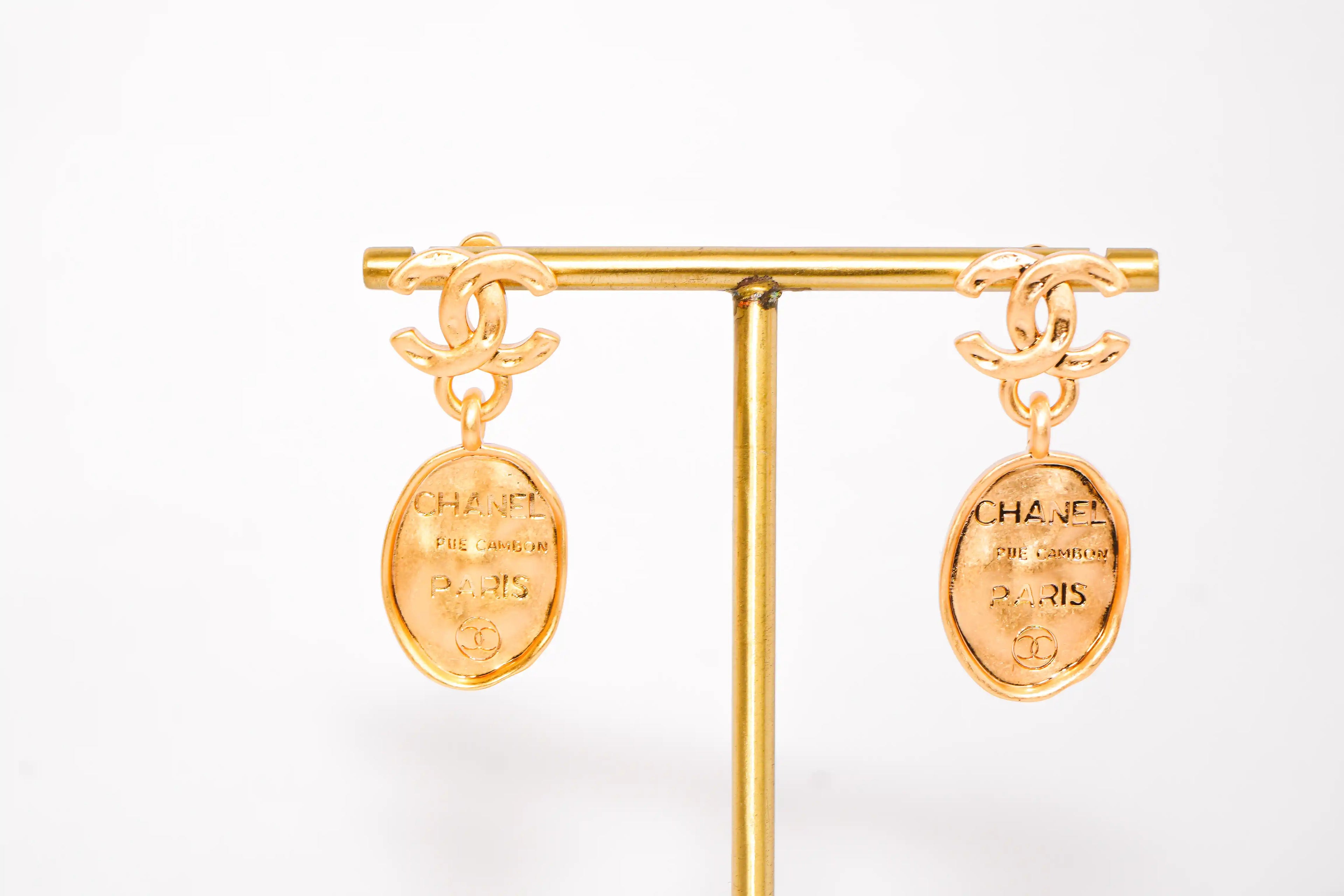 Gold CC Logo Drop Earrings with Paris Charm