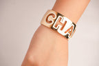 Alphabet C Broad Cuff Bracelet with White Enamel Gold Plating | Designer Fashion Bangle