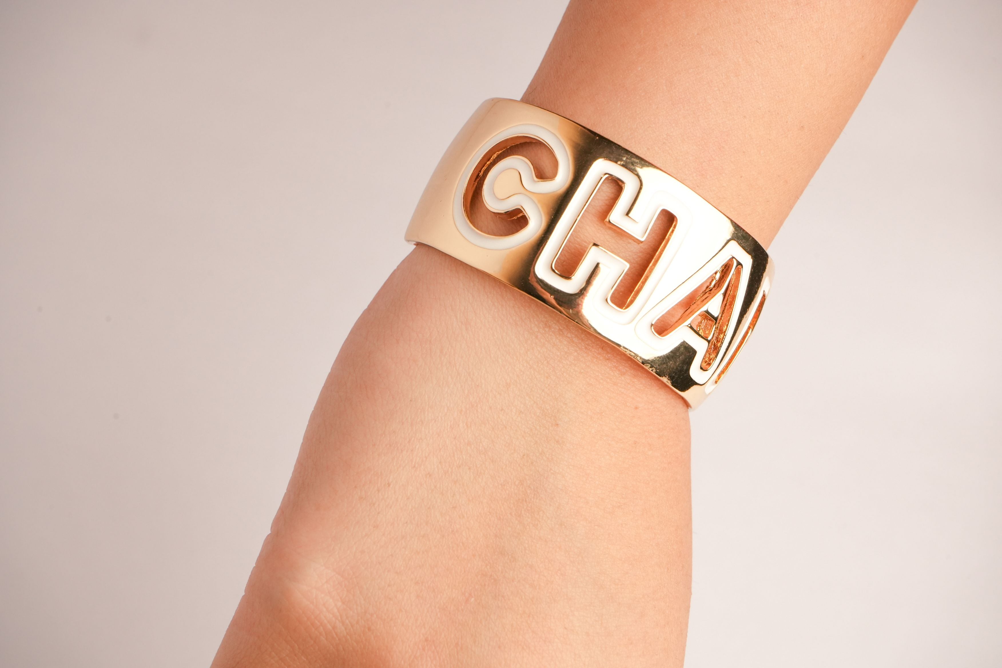 Alphabet C Broad Cuff Bracelet with White Enamel Gold Plating | Designer Fashion Bangle