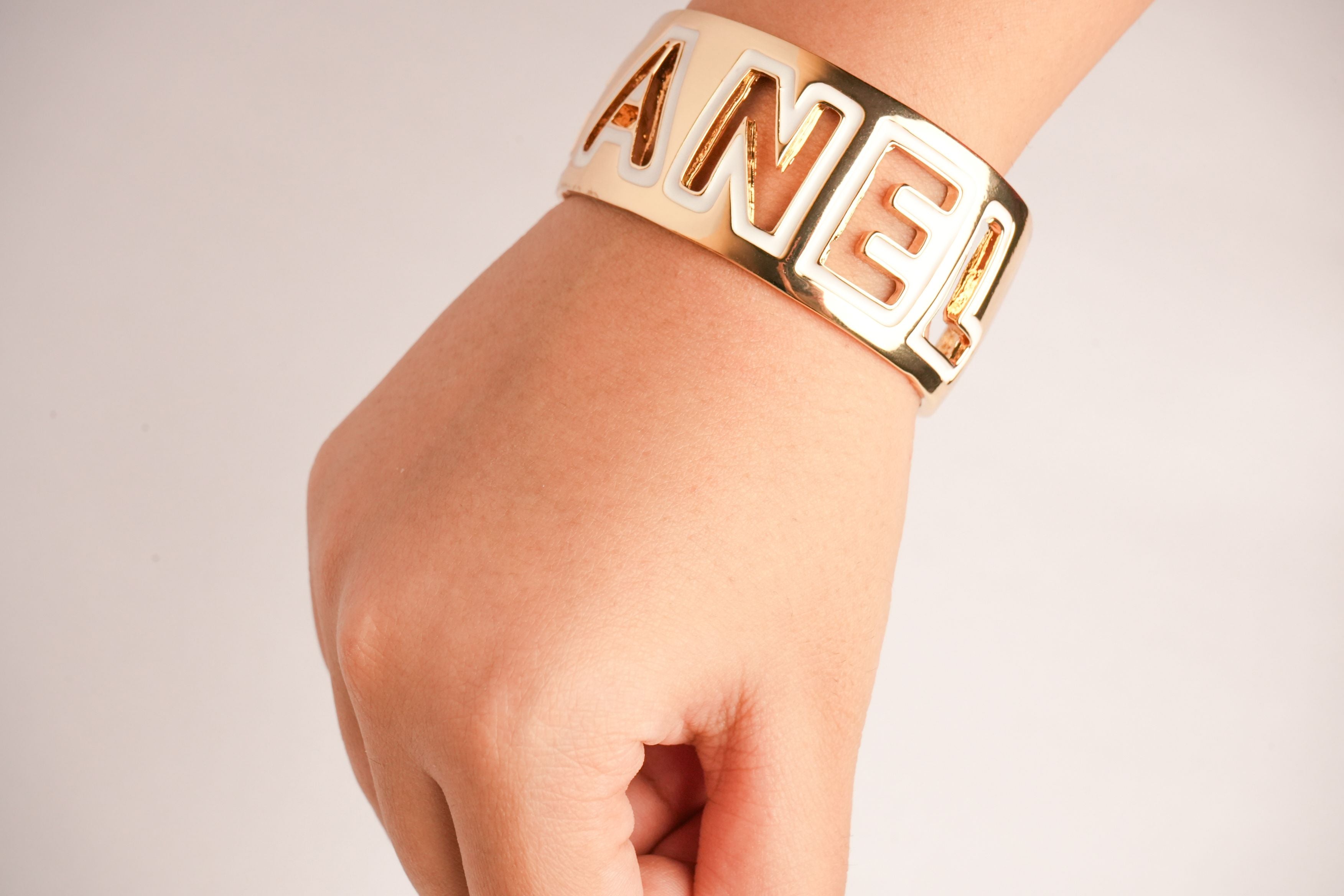Alphabet C Broad Cuff Bracelet with White Enamel Gold Plating | Designer Fashion Bangle