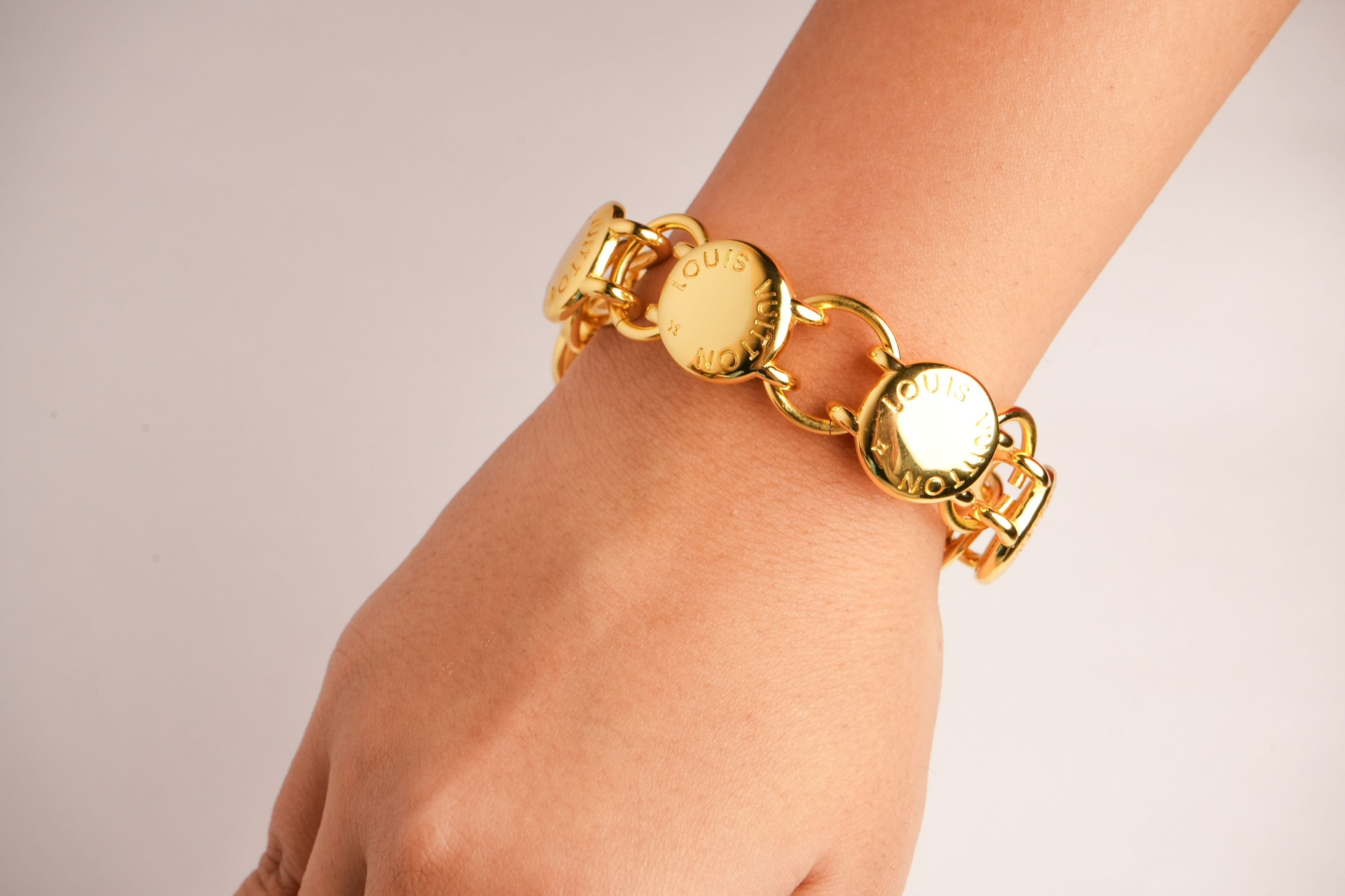 Alphabet L V Chunky Gold Round Button Bracelet | Bold Fashion Jewelry