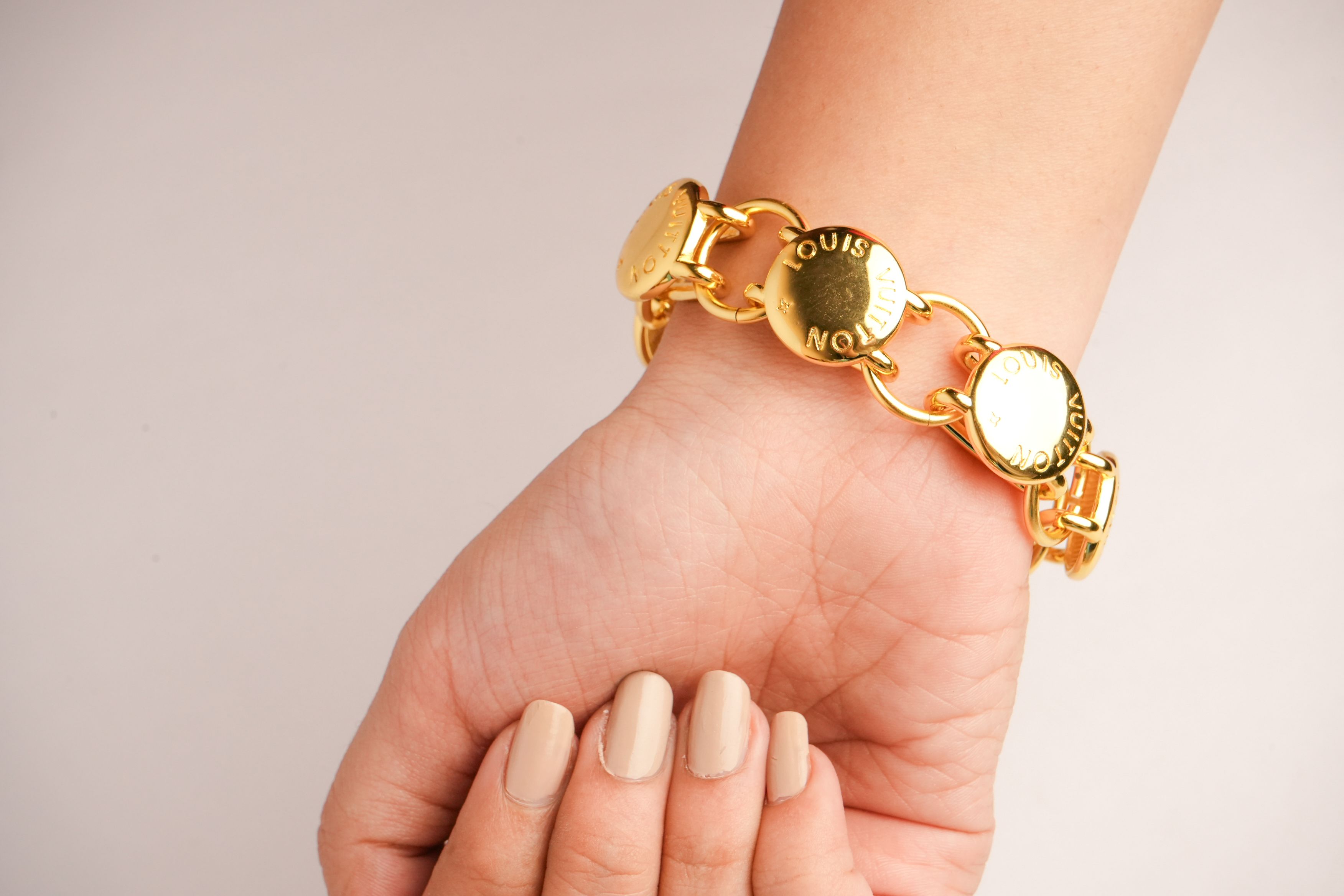 Alphabet L V Chunky Gold Round Button Bracelet | Bold Fashion Jewelry