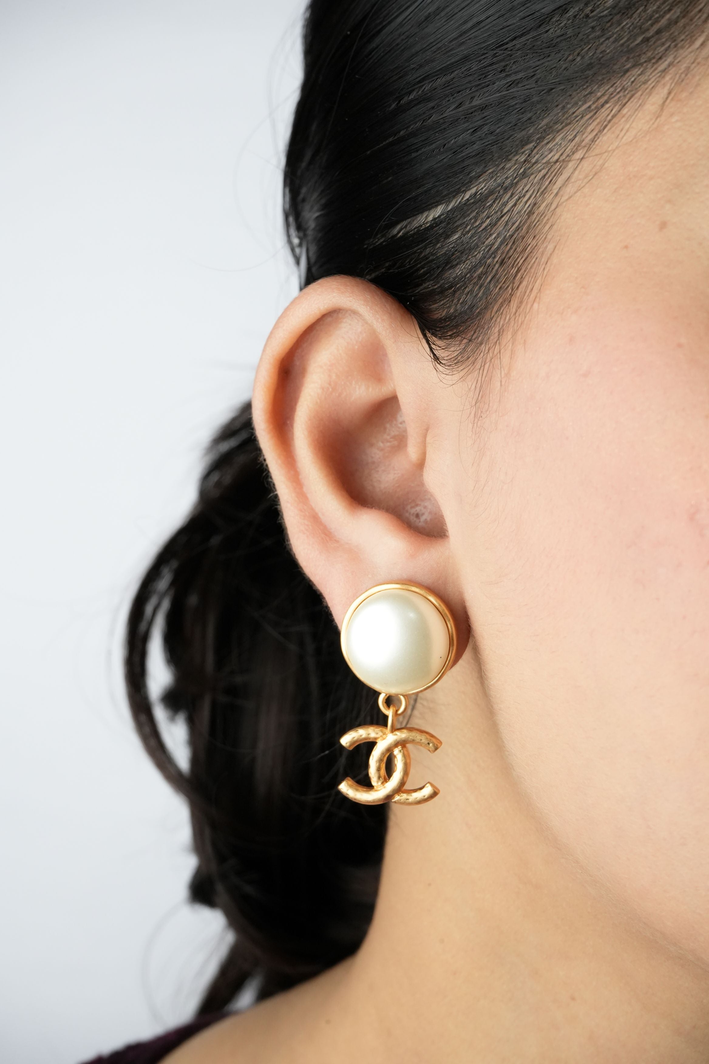 Double C Matt Gold Studs with White Round Pearl | Classic Earrings