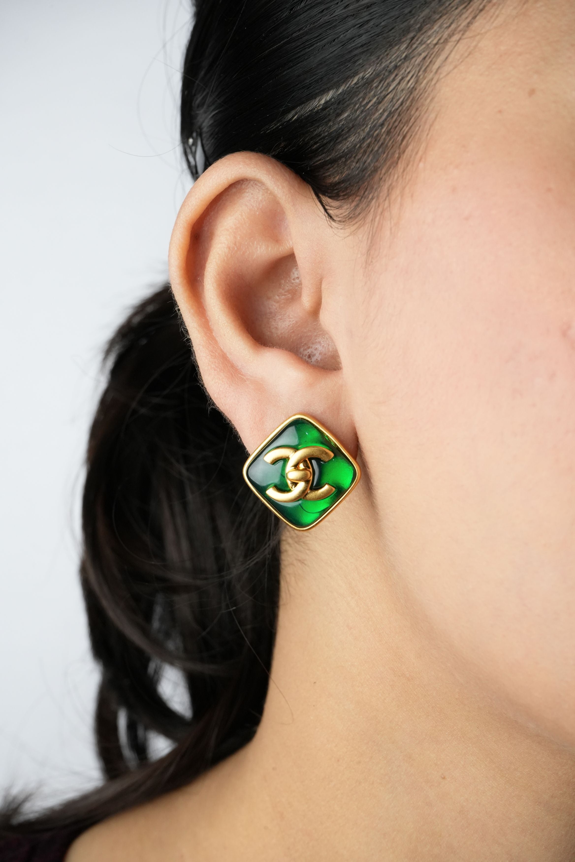 Double C Green Stone Square Studs in Matt Gold | Fashion Earrings