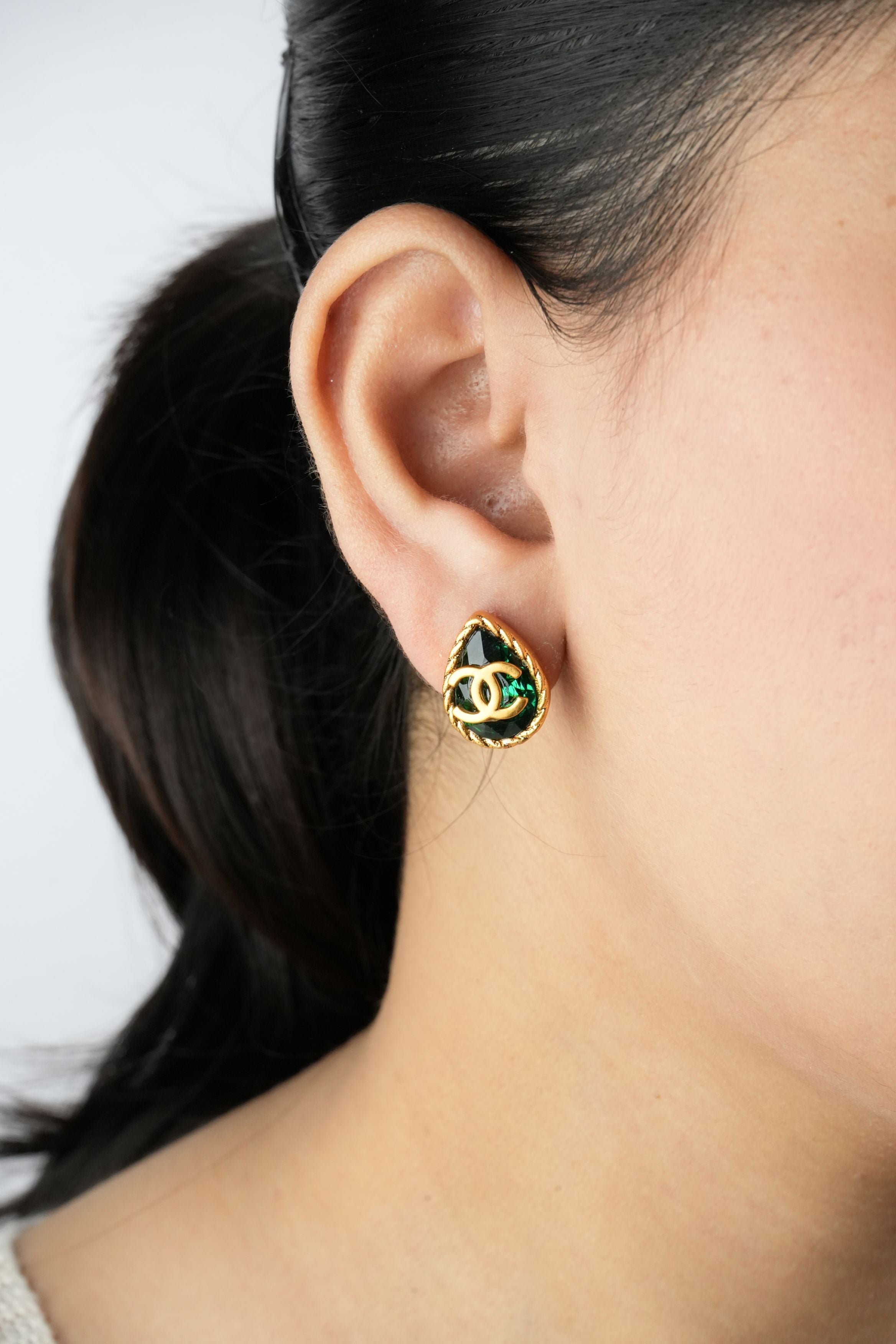 Double C Green Drop Studs in Matt Gold | Trendy Fashion Earrings