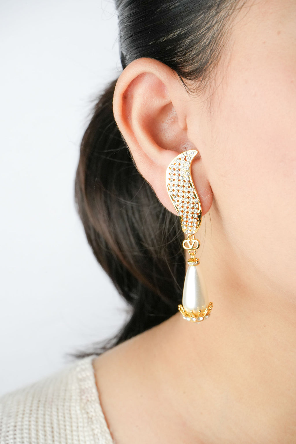 Alphabet V Long Pearl Dangler with CZ in Gold Plating | Luxury Drop Earrings