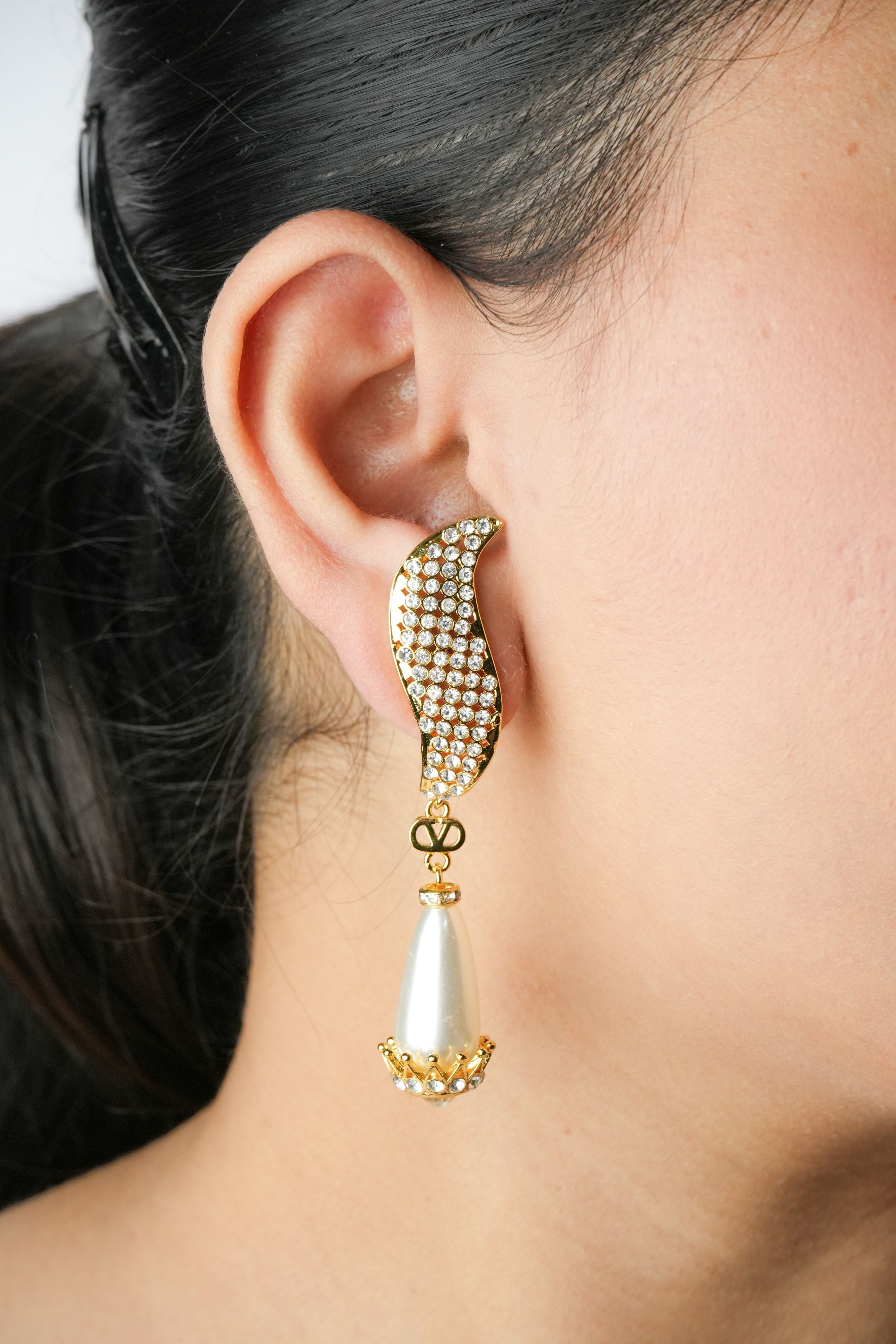 Alphabet V Long Pearl Dangler with CZ in Gold Plating | Luxury Drop Earrings