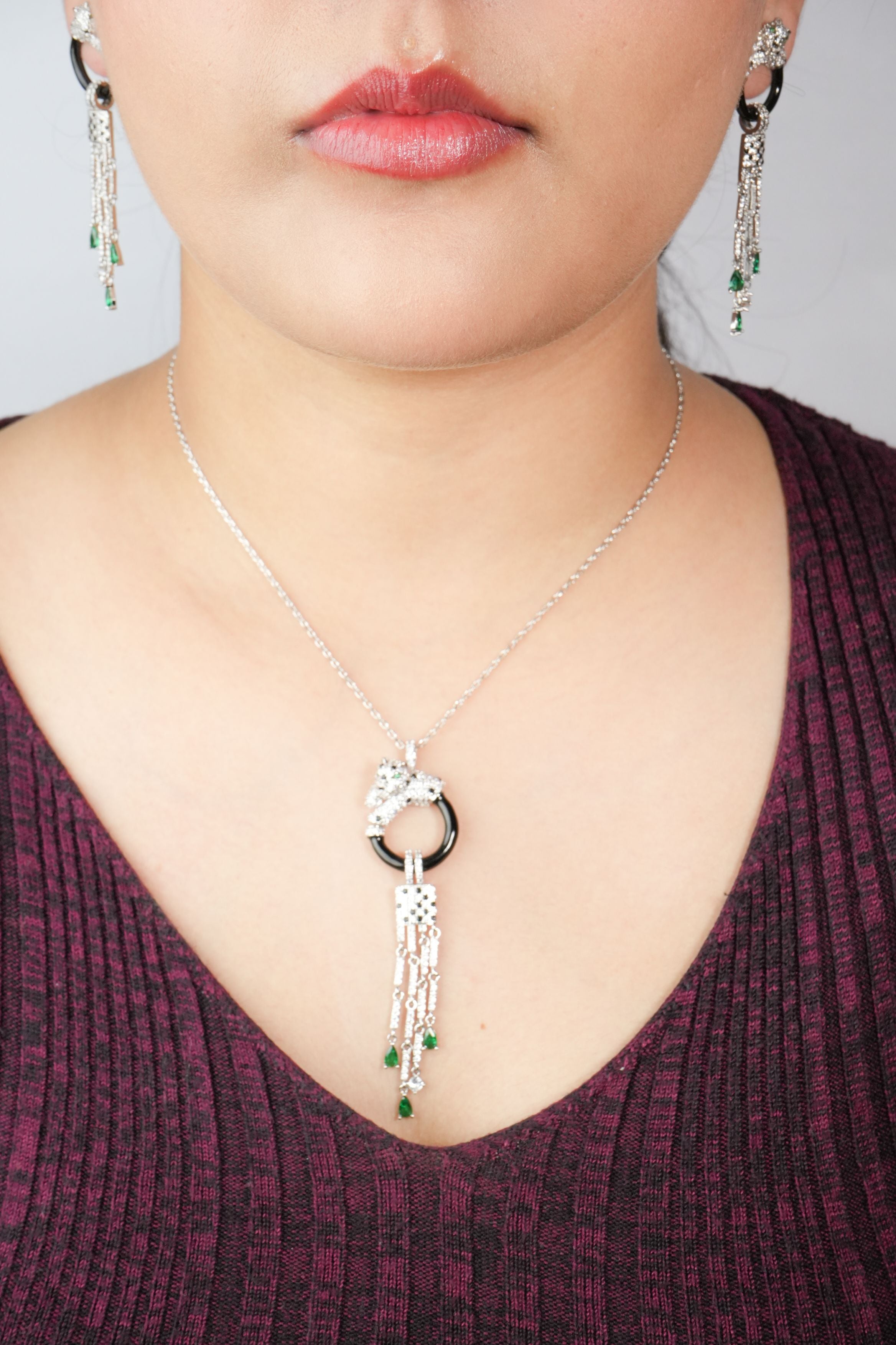 Alphabet C Panther Chain Set in Platinum with Black Circle Green Drops | Luxury Jewelry Set