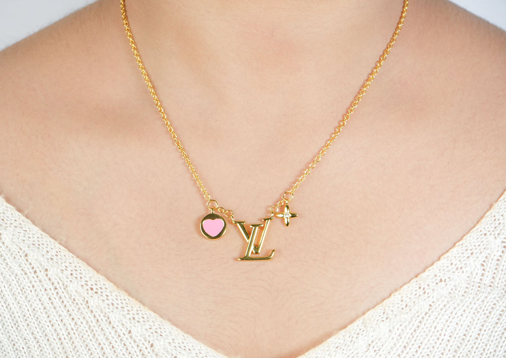 Alphabet L V Sleek Gold Chain with Logo and Pink Heart Motif | Love Necklace