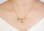 Alphabet L V Sleek Gold Chain with Logo and Pink Heart Motif | Love Necklace