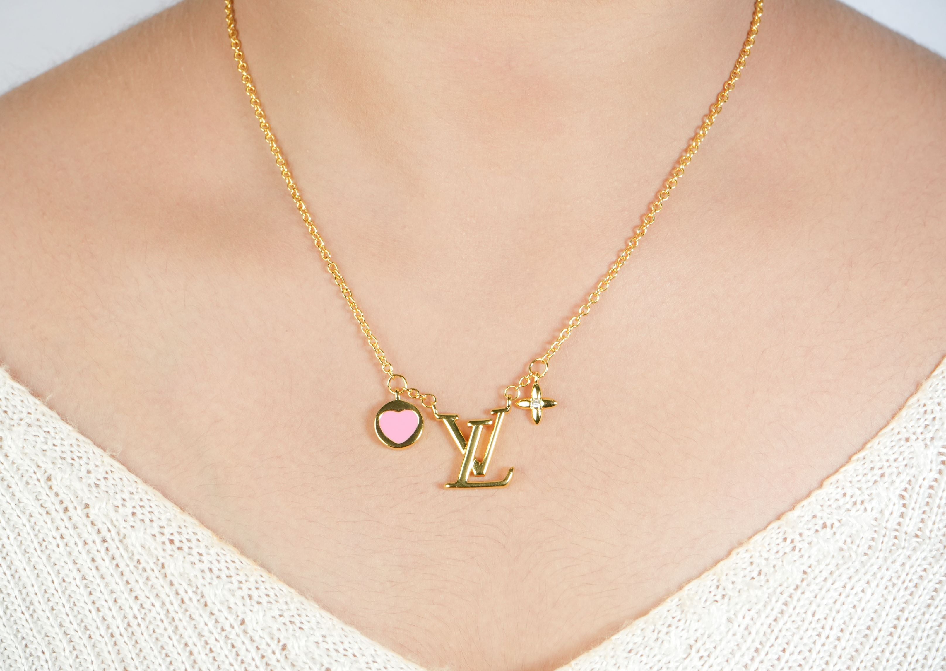 Alphabet L V Sleek Gold Chain with Logo and Pink Heart Motif | Love Necklace