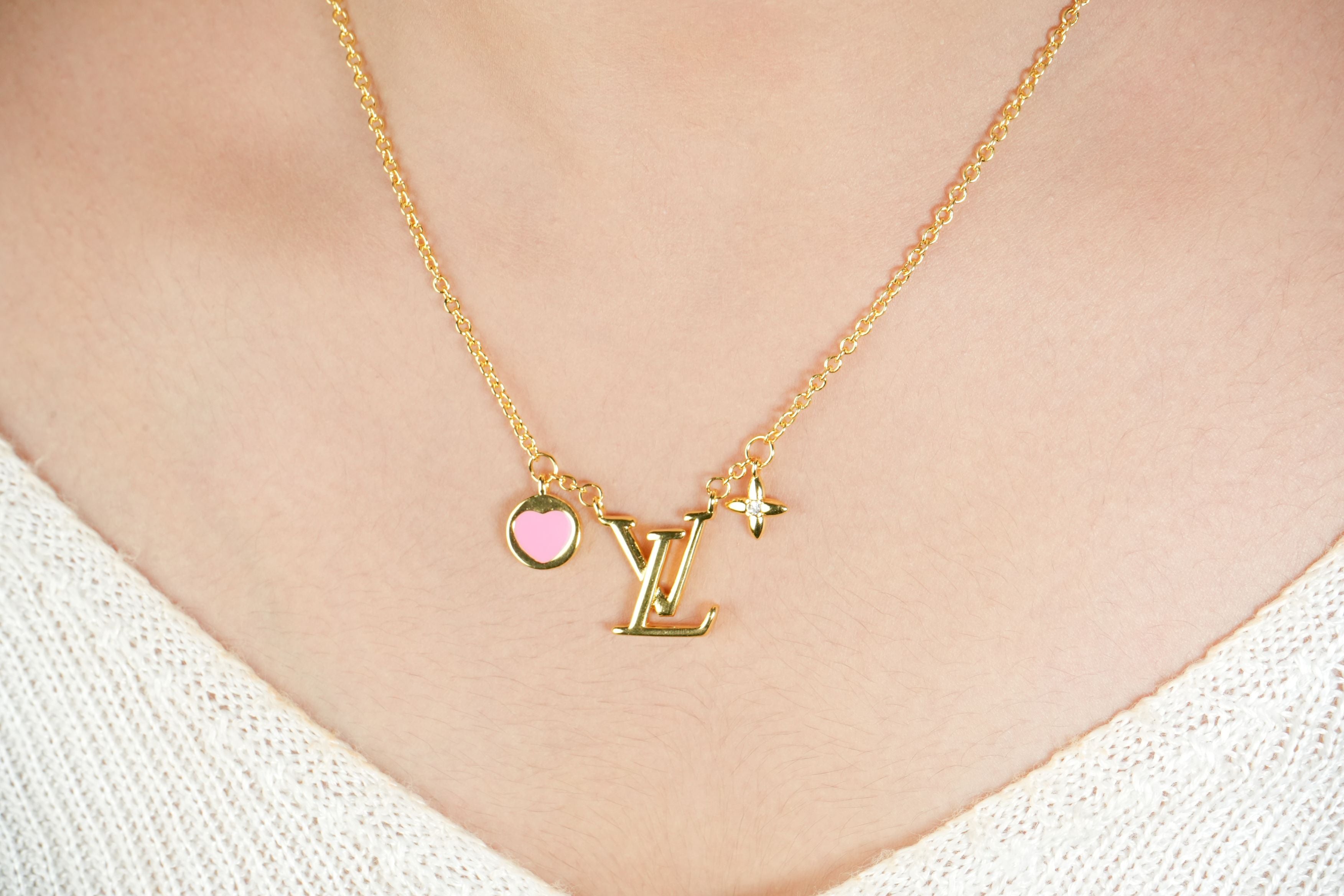 Alphabet L V Sleek Gold Chain with Logo and Pink Heart Motif | Love Necklace