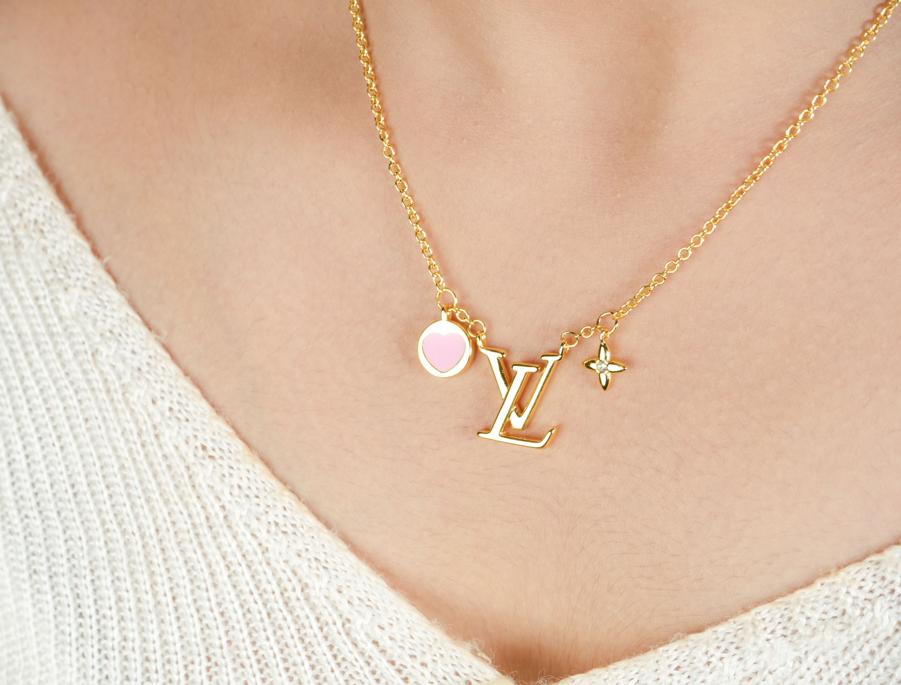 Alphabet L V Sleek Gold Chain with Logo and Pink Heart Motif | Love Necklace