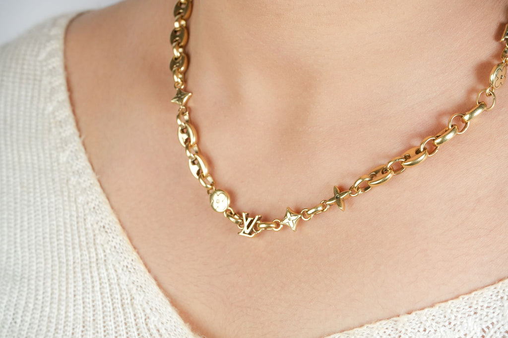 Alphabet L V Matt Gold Sleek Chain with Signature Motifs | Luxury Necklace