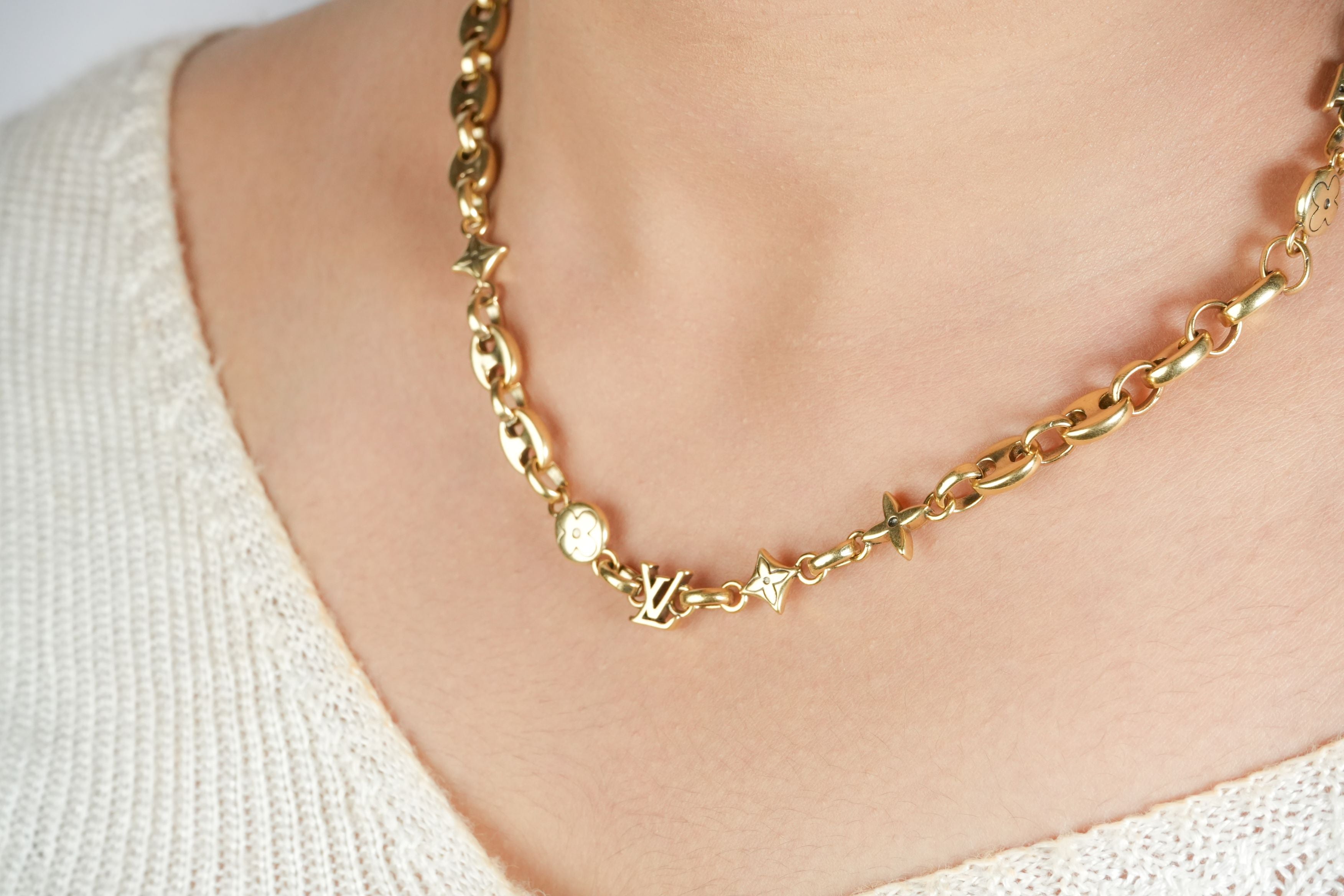 Alphabet L V Matt Gold Sleek Chain with Signature Motifs | Luxury Necklace