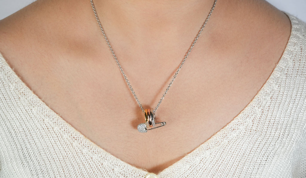 Alphabet C Safety Pin Tri Color Circles Motif Chain in Platinum with CZ | Fashion Necklace