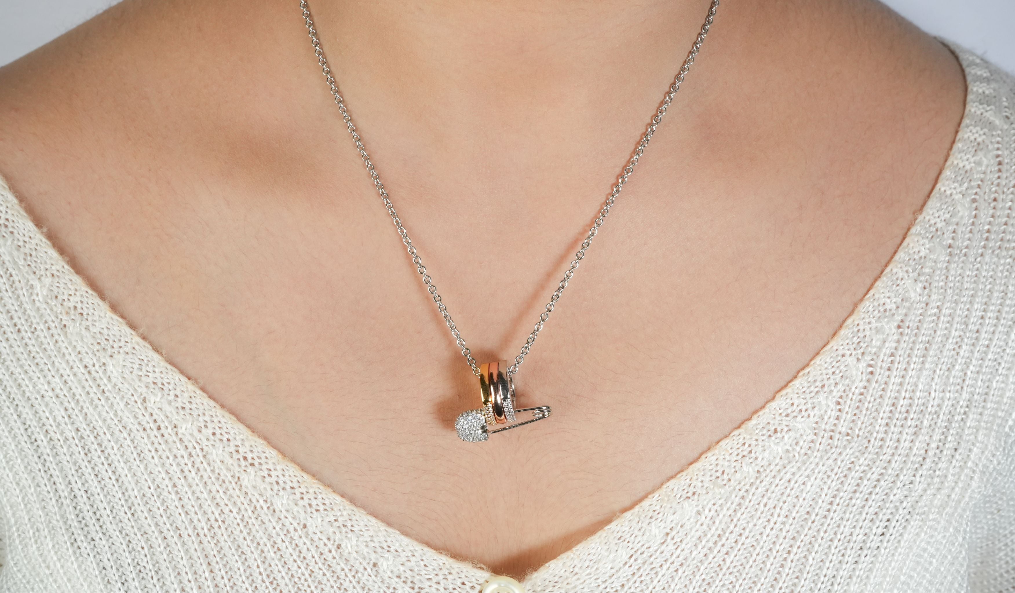 Alphabet C Safety Pin Tri Color Circles Motif Chain in Platinum with CZ | Fashion Necklace