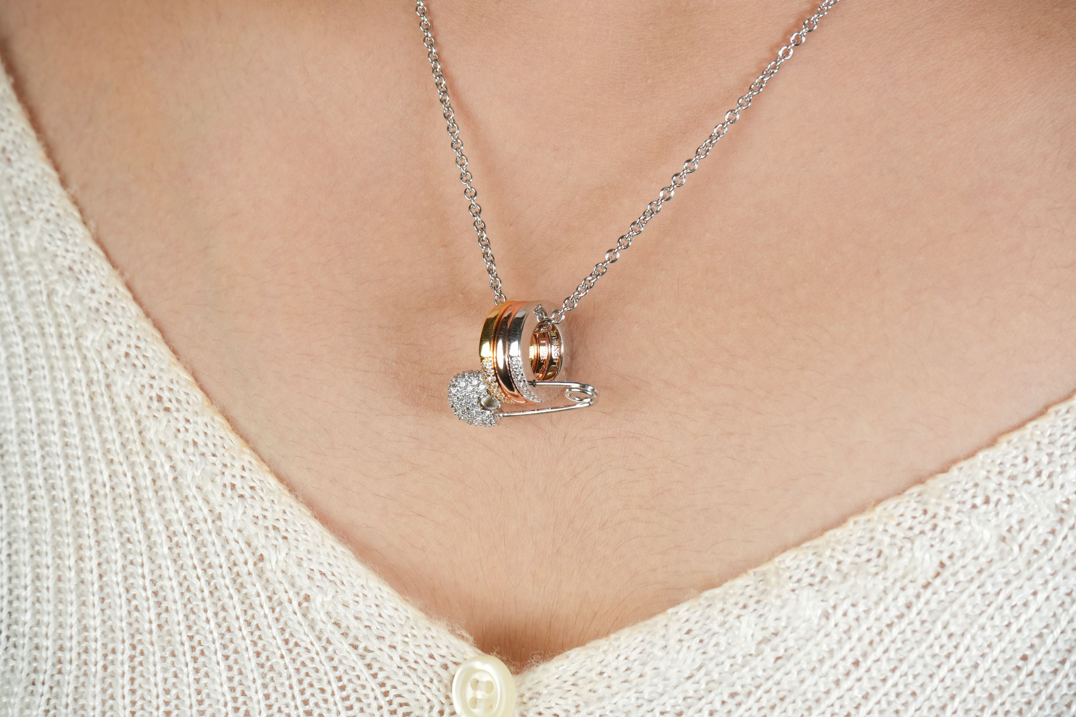 Alphabet C Safety Pin Tri Color Circles Motif Chain in Platinum with CZ | Fashion Necklace