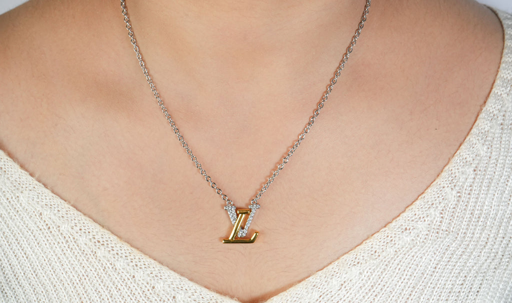 Alphabet L V Platinum Chain with Dual Plated Logo in CZ | Designer Necklace